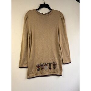 VTG Leslie Faye Embroidered Sweater‎ Dress Size 12 Beige Flowers Teacher